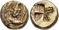 Greek MYSIA, Kyzikos. Circa 450-330 BC. EL Hemihekte – Twelfth Stater (8.5mm, 1.38 g). Eagle with spread wings alighting right upon tunny right; all on raised disk / Quadripartite incuse square. Von F