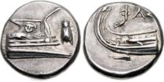 Greek LYCIA, Phaselis. 4th century BC. AR Stater (21mm, 10.26 g, 5h). Prow of galley right, fighting platform decorated with facing gorgoneion; to right, cicada upward / Stern of galley left; ΦAΣ abov
