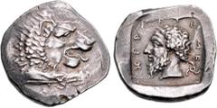 Greek DYNASTS of LYCIA. Mithrapata. Circa 390-370 BC. AR Stater (25.5mm, 9.86 g, 7h). Forepart of lion right / Head of Mithrapata left; MITHRAP-A-T-A in Lycian around, triskeles to lower right; all wi