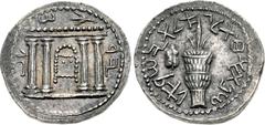 Greek JUDAEA, Bar Kochba Revolt. 132-135 CE. AR Sela – Tetradrachm (26mm, 14.25 g, 12h). Dated year 1 (132/3 CE). Façade of the Temple at Jerusalem; showbread table within, "Shim'on" in Hebrew at side