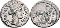 Roman Republican A. Plautius. 55 BC. AR Denarius (18mm, 3.82 g, 5h). Rome mint. Turreted head of Cybele right, wearing cruciform earring, hair in knot, locks falling down neck; AED • CVR • S • C downw