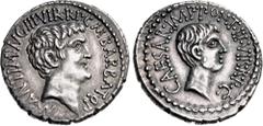 Roman Republican The Triumvirs. Mark Antony and Octavian. Spring-early summer 41 BC. AR Denarius (20mm, 3.97 g, 12h). Ephesus mint; M. Barbatius Pollio, quaestor pro praetore. Bare head of Mark Antony