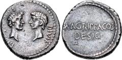Roman Republican The Triumvirs. Octavian, Divus Julius Caesar, and Agrippa. 38 BC. AR Denarius (18mm, 4.03 g, 6h). Military mint traveling with Agrippa in Gaul or Octavian in Italy. Wreathed head of t