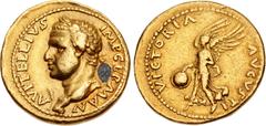 Roman Imperial Vitellius. AD 69. AV Aureus (18mm, 7.39 g, 6h). Tarraco mint. Struck circa January-June. Λ VITELLIVS IMP GERMΛN, laureate bust of Vitellius left, globe at point of neck, a palm frond in