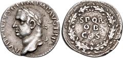Roman Imperial Vitellius. AD 69. AR Denarius (18mm, 3.28 g, 5h). Rome mint. A VITELLIVS GERM IMP AVG TR P, laureate head left / S P Q R/ O • B/ C • S in three lines within oak wreath. RIC I –; RSC –; 