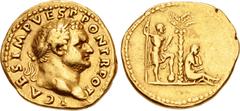 Roman Imperial Titus. As Caesar, AD 69-79. AV Aureus (19mm, 7.33 g, 6h). "Judaea Capta" commemorative. Rome mint. Struck under Vespasian, AD 72-73. T CAES IMP VESP PON TR POT, laureate head right / Pa