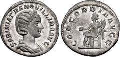 Roman Imperial Tranquillina. Augusta, AD 241-244. AR Denarius (19mm, 2.87 g, 7h). Rome mint. Special emission, mid AD 243. SABINIA TRANQVILLINA AVG, draped bust right, wearing stephane / CONCORDIA AVG