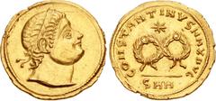 Roman Imperial Constantine I. AD 307/310-337. AV Solidus (21mm, 4.28 g, 6h). Heraclea mint. Struck circa AD 326-329/30. Diademed head right, gazing upward; diadem decorated with series of parallel lin