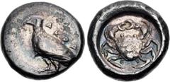 Greek SICILY, Akragas. Circa 495-485 BC. AR Didrachm (20mm, 7.86 g, 2h). Sea eagle standing left / Crab, with carapace in the form of a human face; tiny E V below; all within incuse circle. Westermark