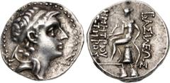 Greek SELEUKID EMPIRE. Demetrios I Soter. 162-150 BC. AR Drachm (17mm, 4.09 g, 4h). Ekbatana mint. Diademed head right / Apollo, testing arrow and resting hand on bow, seated left on omphalos; piloi o