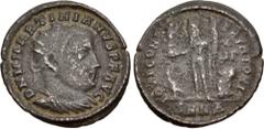 Roman Imperial Martinian. Usurper, AD 324. Æ Follis (20mm, 2.34 g, 12h). Nicomedia mint, 4th officina. D N M MARTINIANVS P F AVG, radiate, draped, and cuirassed bust right / IOVI CONS ERVATORI, Jupite