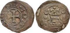 Early Medieval & Islamic CRUSADERS, Latin Kingdom of Jerusalem. Jerusalem Pilgrim Coinage. 12th century. BI Denier (19mm, 1.03 g, 10h). + (horizontal retrograde S)ΛN Λ[C]RCΛ (sic), cross pattée / Medi