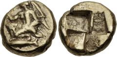Greek MYSIA, Kyzikos. Circa 450-330 BC. EL Myshemihekte – Twenty-fourth Stater (7mm, 0.63 g). Nike, holding aphlaston in extended right hand, kneeling left on tunny left / Quadripartite incuse square.