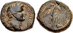 Roman Provincial JUDAEA, Herodians. Agrippa II, with Domitian. Circa 50-100 CE. Æ (20mm, 6.75 g, 12h). Dated RY 19 (79/80 CE). Laureate head of Domitian right / Nike standing right, left foot on helme