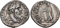 Roman Imperial Pertinax. AD 193. AR Denarius (17mm, 3.41 g, 6h). Rome mint. 2nd emission. Laureate head right / Pertinax standing left, holding volumen and sacrificing out of patera over tripod to lef