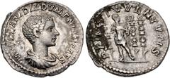 Roman Imperial Diadumenian. As Caesar, AD 217-218. AR Denarius (20mm, 3.04 g, 6h). Rome mint. 2nd emission of Macrinus, AD 217-218. Bareheaded, draped, and cuirassed bust right / Diadumenian standing 