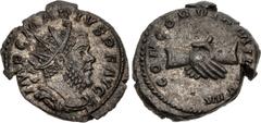 Roman Imperial Marius. Romano-Gallic Emperor, AD 269. AR Antoninianus (19mm, 3.60 g, 12h). Treveri (Trier) mint. 2nd emission, circa mid AD 269. Radiate, draped, and cuirassed bust right / Clasped rig