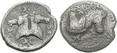 CALABRIA, Tarentum. Circa 280-228 BC. AR Trihemiobol or Diobol (0.95 g, 3h). Two horse heads right, joined at truncation; around, four pairs of crescents joined back-to-back with pellets above and bel