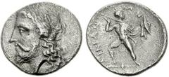 THESSALY, Ainianes. Late 5th-early 4th centuries BC. AR Triobol (2.31 g, 11h). Laureate head of Zeus left / Warrior (Phemios), holding shield and cloak, wearing sword, preparing to throw javelin right