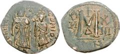 SASANIAN KINGS. temp. Khosrau II. AD 591-628. Æ Follis (8.93 g, 9h). Imitating a Byzantine follis of Heraclius with Heraclius Constantine from Constantinople mint, dated RY 13 (621/2). Uncertain Syria
