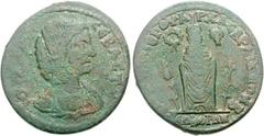 LYDIA, Sardis. Julia Domna. Augusta, AD 193-217. Æ 30mm (14.54 g, 6h). C. Cl. Mithros, archon α´. Draped bust right / Cult statue of Kore standing facing; grain ears and poppy at feet; wreath and bucr