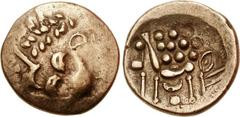 CELTIC, Atrebates & Regni. Uninscribed. Circa 75-30 BC. Pale AV Stater (5.60 g, 1h). Westerham type. Struck circa 75-60 BC. Devolved head of Apollo right / Celtic horse left; block of pellets above, c