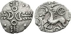 CELTIC, Iceni. Uninscribed. Circa 65-1 BC. AR Unit (1.17 g, 9h). Early Pattern-Horse B type. Struck 15-1 BC. Two opposed crescents with ringed pellet above and below, superimposed upon wreathed cross;
