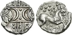 CELTIC, Iceni. Ecen. Circa AD 25-38. AR Unit (1.20 g, 8h). Ece A (Stepping Horse) type. Two opposed crescents with pellets between, superimposed upon band of three lines surrounded by two lines of pel