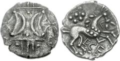 CELTIC, Iceni. Ecen. Circa AD 25-38. AR Unit (1.05 g, 9h). Ece B (Y-Headed Horse) type. Two opposed crescents with pellets between, superimposed upon band of three lines surrounded by two lines of pel