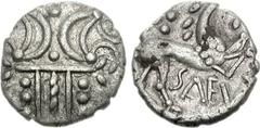 CELTIC, Iceni. Prasutagus. Circa AD 50-60. AR Unit (1.12 g, 5h). Saenu type. Two opposed crescents with pellets between, superimposed upon band of three lines surrounded by two lines of pellets / Celt