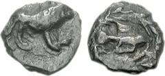 SIKYONIA, Sikyon. Circa 431-400 BC. AR Tetartemorion (0.17 g, 11h). Lion standing right; no ground line / Dove flying right within wreath. BCD Peloponnesos -; Pozzi (Boutin) 4068 corr. (this coin). VF