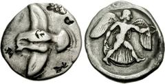 ELIS, Olympia. 83rd-85th Olympiad. 448-440 BC. AR Stater (11.88 g, 11h). Eagle, with wings stretched above and below, flying left, holding hare by its belly and tearing at it with his beak; five c/ms 