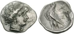 ELIS, Olympia. 111th-114th Olympiad. 336-324 BC. AR Hemidrachm (2.20 g, 8h). Hera mint. Head of the nymph Olympia right / Eagle standing left, wings folded; to right, leaf and grape bunch on vine. BCD