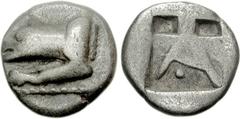 ARGOLIS, Argos. Circa 490-470 BC. AR Triobol (2.53 g, 11h). Forepart of wolf lying down left; pelleted ground line below legs / Large A; two small incuse squares above, pellet below crossbar; all with