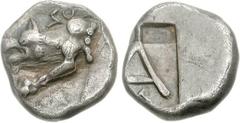ARGOLIS, Argos. Circa 450-430/20 BC. AR Triobol (2.99 g, 6h). Forepart of wolf at bay left; ΣO (Σ retrograde) above / Large A; two small incuse squares above, Σ (facing downward) below crossbar; all w