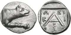 ARGOLIS, Argos. Circa 90-50 BC. AR Triobol (2.30 g, 9h). Leykios, magistrate. Forepart of wolf at bay right / Large A; Λ-EY/K-I/O-Σ in three lines around, herm below crossbar; all within incuse square