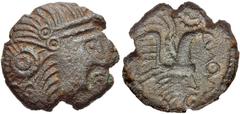 CELTIC, Britain. Atrebates & Regni . Uninscribed. Circa 75-30 BC. Æ Unit (16mm, 2.42 g, 9h). Chichester cock type. Struck circa 65-55 BC. Celticized diademed male head right, hair in large curl at bac