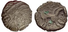 CELTIC, Britain. Atrebates & Regni . Uninscribed. Circa 75-30 BC. AR Unit (11mm, 1.00 g, 8h). Old Basing type. Struck circa 60-45 BC. Celticized male head left; six pellets before, pellets-within-annu