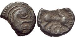 CELTIC, Britain. Atrebates & Regni . Uninscribed. Circa 75-30 BC. AR Unit (10mm, 0.67 g, 4h). Chichester helmet type. Struck circa 45-30 BC. Crude male head right, wearing crested helmet / Horse right