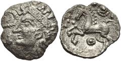 CELTIC, Britain. Cantii . Uninscribed. Circa 100-30 BC. AR Unit (14mm, 1.12 g, 3h). Diadem type. Struck circa 55-30 BC. Diademed head left / Horse left; pellet in circle above and below. Van Arsdell 8