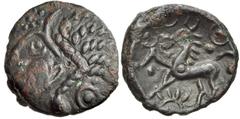 CELTIC, Britain. Trinovantes & Catuvellauni . Addedomaros. Circa 40-30 BC. Æ Unit (15mm, 2.10 g, 12h). Trinovantian I. Head left / Horse standing left; pellets and pellets in annulets around, flower b