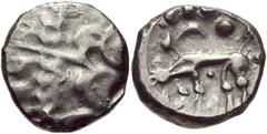 CELTIC, Britain. Iceni . Uninscribed. Circa 65-1 BC. AR Stater (16mm, 4.88 g, 3h). Icenian A, Norfolk Wolf type. Struck circa 65-45 BC. Devolved head of Apollo right / Wolf standing left; crescent and