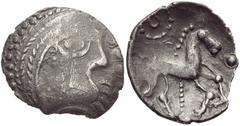 CELTIC, Britain. Iceni . Uninscribed. Circa 65-1 BC. AR Unit (16mm, 1.10 g, 3h). Large flan C (Early Face-Horse Cc) type. Struck circa 50-30 BC. Celticized head right / Horse right; ring of pellets ab