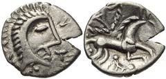 CELTIC, Britain. Iceni . Uninscribed. Circa 65-1 BC. AR Unit (14mm, 1.15 g, 6h). Normal Face-Horse type. Celticized head right; [branch to left], two trefoils to right, three pellets below / Horse rig