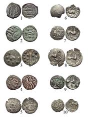 CELTIC. British Celts. Ten Silver and Bronze coins. Includes: 1. Cantii. Potin Unit. Crude head right / Lines representing bull. SCBC 63 // 2. Durotriges. Æ Stater. Devolved head of Apollo right / Dis