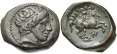 KINGS of MACEDON. Philip II. 359-336 BC. Æ Unit (18mm, 6.29 g, 11h). Uncertain mint in Macedon. Diademed head of Apollo right / Youth on horseback right; HP monogram below. SNG ANS 923. Near EF, brown