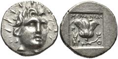 ISLANDS off CARIA, Rhodos. Rhodes . Circa 125-88 BC. AR Hemidrachm (11mm, 1.46 g, 12h). ‘Plinthophoric’ coinage. Melantas, magistrate. Radiate head of Helios facing slightly right / Rose with bud to r