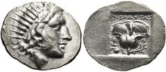 ISLANDS off CARIA, Rhodos. Rhodes . Circa 125-88 BC. AR Drachm (18mm, 2.85 g, 12h). ‘Plinthophoric’ coinage. Melantas, magistrate. Radiate head of Helios right / Rose with bud to right; MEΛANTA[Σ] abo