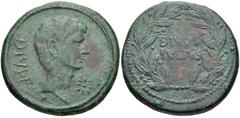 Octavian and Divus Julius Caesar. 38 BC. Æ Sestertius (29mm, 17.76 g, 11h). Uncertain mint in southern Italy. Bare head of Octavian right; star of eight rays before / DIVOS/IVLIVS in two lines within 
