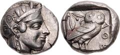 Greek ATTICA, Athens. Circa 454-404 BC. AR Tetradrachm (24mm, 17.20 g, 11h). Helmeted head of Athena right, with frontal eye / Owl standing right, head facing, spread tail feathers; olive spray and cr